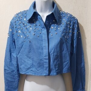 Ovi Blue Embellished Button Down Shirt